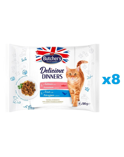 BUTCHER'S Delicious Dinners z łososiem, z pstrągiem w galaretce 32x100 g karma mokra dla kotów