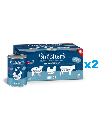 BUTCHER'S Original Junior Recipe in jelly Mix zestaw smaków 12x400 g kawałki w galaretce z jagnięciną, z kurczakiem i z wołowiną dla szczeniąt