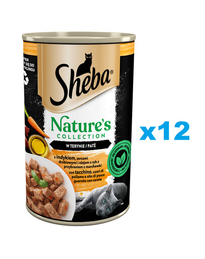 SHEBA puszka 12x400 g Nature's Collection z indykiem, sercami drobiowymi i olejem z ryb z przybraniem z marchewki w terynie