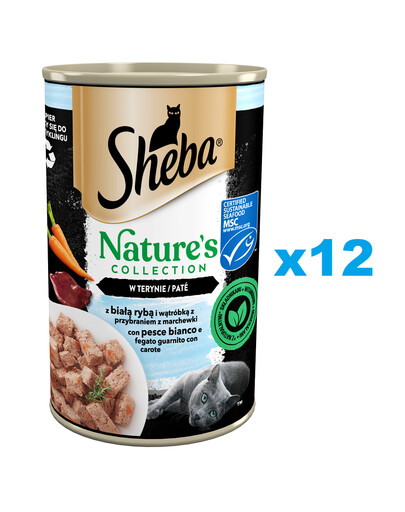 SHEBA puszka 12x400 g Nature's Collection z białą rybą i wątróbką z przybraniem z marchewki w terynie