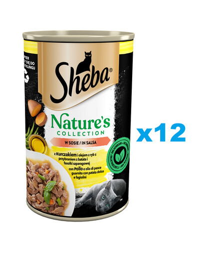 SHEBA puszka 12x400 g Nature's Collection z kurczakiem i olejem z ryb z przybraniem z batata i fasolki szparagowej w sosie