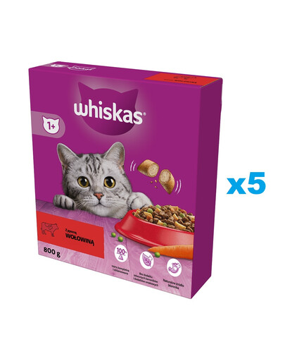 WHISKAS Sucha Wołowina 5x800g - sucha karma dla kotów dorosłych