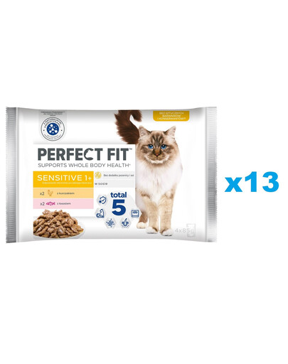 PERFECT FIT Sensitive 1+ saszetki 52x85 g w sosie z kurczakiem, z łososiem dla dorosłych kotów