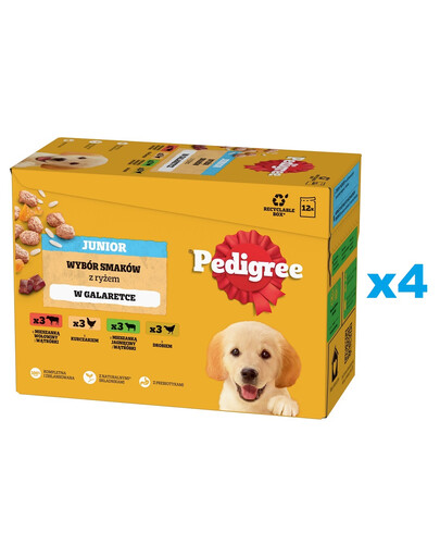 PEDIGREE Junior Wybór Smaków z ryżem saszetki 48x100 g mokra karma pełnoporcjowa dla szczeniąt, kawałki z mieszanką wołowiny i wątróbki i ryżem, z kurczakiem i ryżem, z mieszanką jagnięciny i wątróbki i ryżem, z drobiem i ryżem, w galaretce