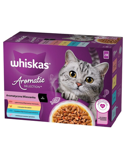 Adult Aromatyczna Mieszanka saszetki 12x85 g mokra karma pełnoporcjowa dla dorosłych kotów w sosie kawałki z glazurowaną wieprzowiną i marchewką, soczystym kurczakiem, z kawałkami ryb oceanicznych w bulionie, delikatnym łososiem i groszkiem