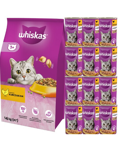 WHISKAS Adult 14kg - sucha karma dla kotów z kurczakiem + WHISKAS Puszka Galaretka Kurczak 12x400g - mokra karma dla kotów dorosłych