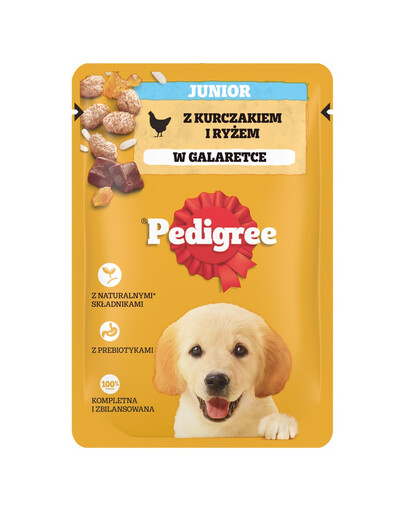 PEDIGREE Junior saszetka 100 g mokra karma pełnoporcjowa dla szczeniąt, kawałki bogate w kurczaka z ryżem, w galaretce