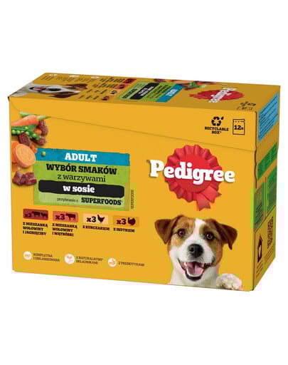 PEDIGREE Adult Wybór Smaków z warzywami saszetki 12x100 g mokra karma pełnoporcjowa dla dorosłych psów, z mieszanką wołowiny i jagnięciny, z mieszanką wołowiny i wątróbki, z kurczakiem, z indykiem, w sosie
