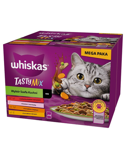 Adult Tasty Mix Wybór Szefa Kuchni Mega Paka saszetki w sosie 24x85g kawałki z wołowiną, łososiem, kurczakiem i indykiem, kurczakiem i dorszem dla dorosłych kotów