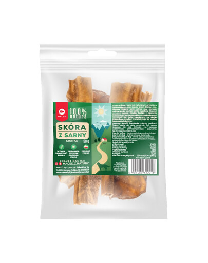 MACED 100% Natura Skóra z sarny krótka 6-14 cm, 50 g - naturalne gryzaki dla psa, 50g