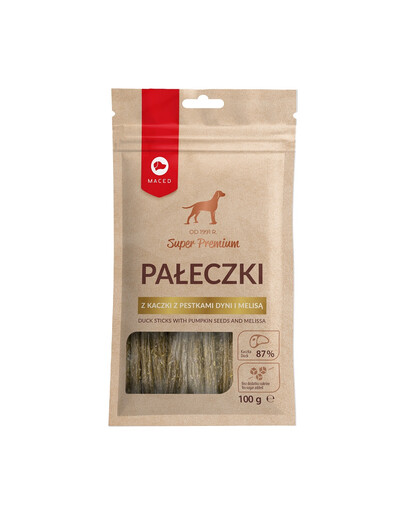 MACED Super Premium Pałeczki z kaczki z pestkami dyni i melisą, 100g - przysmak dla psów, 100g