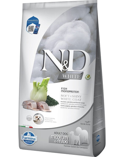 FARMINA N&D White Dog Adult Medium Maxi Sea Bass, Spirulina, Fennel 7 kg dla dorosłych psów z jasną sierścią