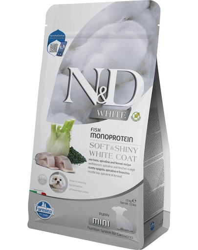 FARMINA N&D White Dog Puppy Mini Sea Bass, Spirulina, Fennel 1,5 kg dla szczeniąt małych ras z jasną sierścią