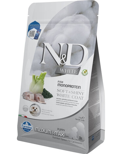 FARMINA N&D White Dog Puppy Medium Maxi Sea Bass, Spirulina, Fennel 2 kg dla szczeniąt małych ras 21z jasną sierścią