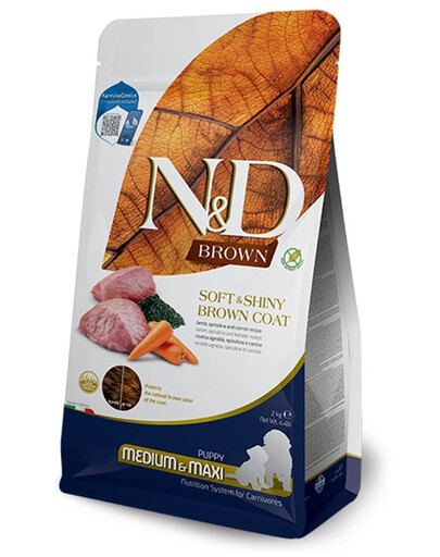 FARMINA N&D Brown Dog Puppy Medium Maxi Lamb, Spirulina, Carrot 2 kg dla szczeniąt z ciemną sierścią
