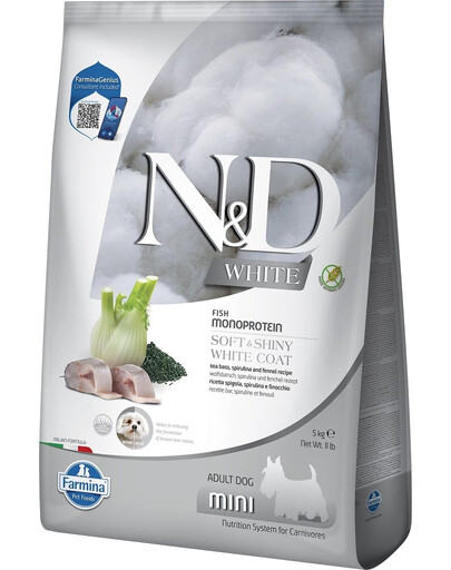 FARMINA N&D White Dog Adult Mini Sea Bass, Spirulina, Fennel 5 kg dla dorosłych małych psów z jasną sierścią