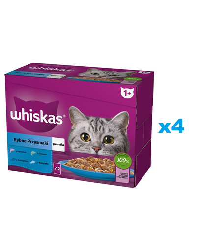 WHISKAS Adult saszetka 48x85g Rybne Przysmaki w galaretce z: łososiem, tuńczykiem, dorszem, białą rybą