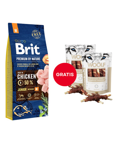 BRIT Premium By Nature Junior Medium M Chicken 15 kg + WOOLF Chicken And Rawhide Twister 2 x 100g GRATIS