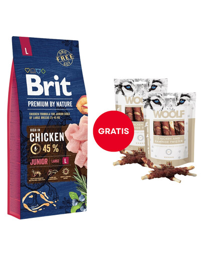 BRIT Premium By Nature Junior Large L Chicken 15 kg + WOOLF Chicken And Rawhide Twister 2 x 100g GRATIS