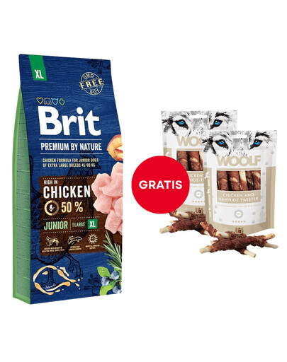 BRIT Premium By Nature Junior Extra Large XL Chicken 15 kg + WOOLF Chicken And Rawhide Twister 2 x 100g GRATIS