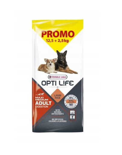 VERSELE-LAGA Opti Life Adult Digestion Medium Maxi Lamb 12,5kg + 2,5kg GRATIS