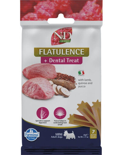 FARMINA N&D Quinoa Dental Treat Flatulence Adult Mini Dog dentystyczny przysmak dla małych psów 60 g (7 szt)