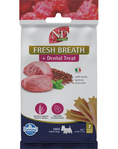 FARMINA N&D Quinoa Dental Treat Fresh breath Adult Mini Dog dentystyczny przysmak dla małych psów 60 g (7 szt)