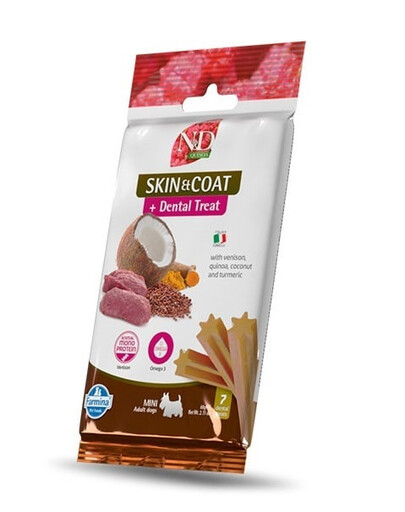 FARMINA N&D Quinoa Dental Treat Skin Coat Venison Adult Mini Dog dentystyczny przysmak dla małych psów 60 g (7 szt)