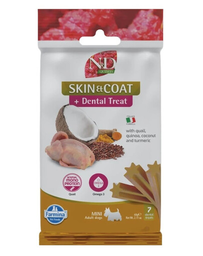 FARMINA N&D Quinoa Dental Treat Skin Coat Quail Adult Mini Dog dentystyczny przysmak dla małych psów 60 g (7 szt)