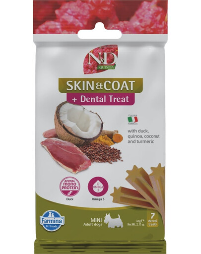 FARMINA N&D Quinoa Dental Treat Skin Coat Duck Adult Mini Dog dentystyczny przysmak dla małych psów 60 g (7 szt)
