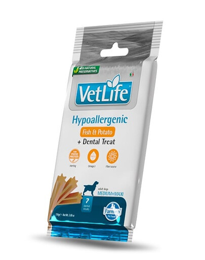 FARMINA Vet Life Dental Treat Hypoallergenic Fish Adult Medium/Maxi Dog dentystyczny przysmak dla psów średnich i dużych ras 100 g (7 szt)