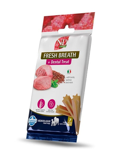 FARMINA N&D Quinoa Dental Treat Fresh breath Adult Medium/Maxi Dog dentystyczny przysmak dla psóe średnich i dużych ras 100 g (7 szt)