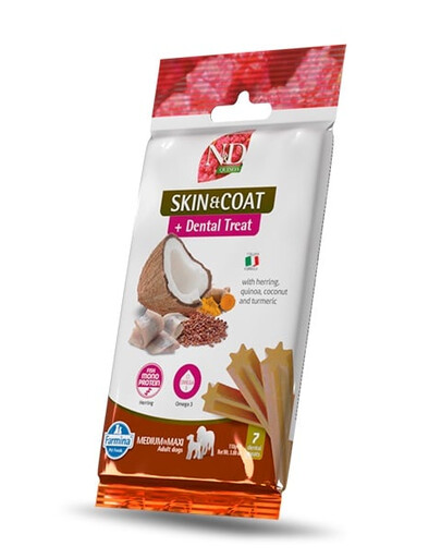 FARMINA N&D Quinoa Dental Treat Skin Coat Herring Adult Medium/Maxi Dog dentystyczny przysmak dla psów średnich i dużych ras 100 g (7 szt)