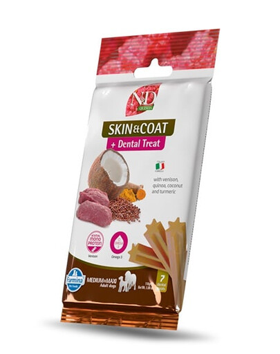 FARMINA N&D Quinoa Dental Treat Skin Coat Venison Adult Medium/Maxi Dog dentystyczny przysmak dla psów średnich i dużych ras 100 g (7 szt)