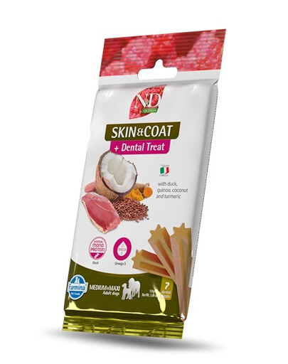 FARMINA N&D Quinoa Dental Treat Skin Coat Duck Adult Medium/Maxi Dog dentystyczny przysmak dla psów średnich i dużych ras 100 g (7 szt)