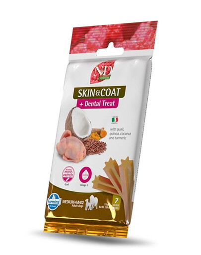 FARMINA N&D Quinoa Dental Treat Skin Coat Quail Adult Medium/Maxi Dog dentystyczny przysmak dla psów średnich i dużych ras100 g (7 szt)