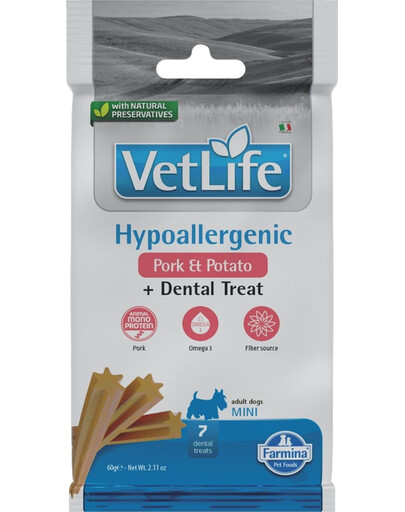FARMINA Vet Life Dental Treat Hypoallergenic Pork Adult Mini Dog dentystyczny przysmak dla małych psów 60 g (7 szt)