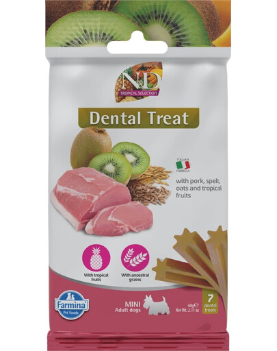 FARMINA N&D Tropical Selection Dental Treat Pork Adult Mini Dog dentystyczny przysmak dla małych psów 60 g (7 szt)