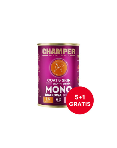 CHAMPER Coat Skin Łosoś monobiałkowa karma dla psa 6 x 400 g (5+1 GRATIS)