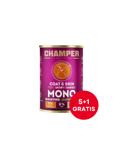 CHAMPER Coat Skin Jagnięcina monobiałkowa karma dla psa 6 x 400 g (5+1 GRATIS)
