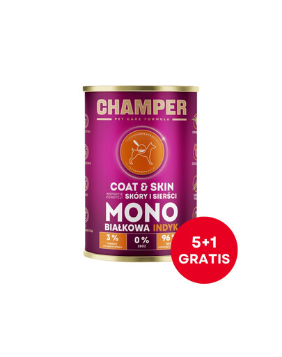 CHAMPER Coat Skin Indyk monobiałkowa karma dla psa 6 x 400 g (5+1 GRATIS)