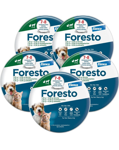 BAYER FORESTO Obroża dla kota i psa przeciw kleszczom i pchłom poniżej 8 kg zestaw 5 szt.