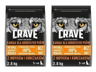 CRAVE Sucha Indyk i Kurczak 2 x 2,8kg - Wysokobiałkowa karma sucha dla dorosłych psów ZESTAW