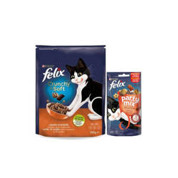 Felix Crunchy & Soft z kurczakiem i indykem z warzywami 950 g + Felix Party Mix Mixed Grill 60 g GRATIS