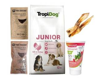 TropiDog indyk i ryż junior 12 kg + Maced gryzak dla psa ucho królicze + GRATISY