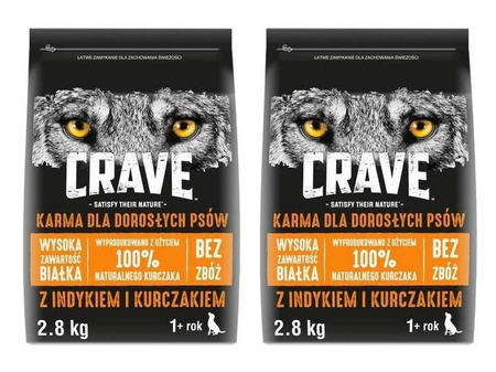 CRAVE Sucha Indyk i Kurczak 2 x 2,8kg - Wysokobiałkowa karma sucha dla dorosłych psów ZESTAW