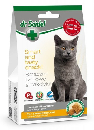 Dermapharm Dr Seidel Smart and Tasty Snack Linseed all and Zinc for a Beautiful Coat 50 g - przysmak dla kotów z olejem lnianym i cynkiem na piękną sierść 50g
