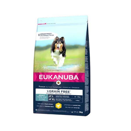 EUKANUBA GRAIN FREE ADULT, L/XL kurczak, 3kg - sucha karma dla psów dorosłych, ras dużych i olbrzymich, 3 kg