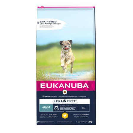 EUKANUBA GRAIN FREE ADULT, S/M, kurczak 12kg - sucha karma dla psów dorosłych, małych i średnich ras, 12 kg