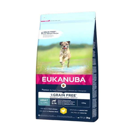 EUKANUBA GRAIN FREE ADULT, S/M, kurczak 3kg - sucha karma dla psów dorosłych, małych i średnich ras, 3 kg